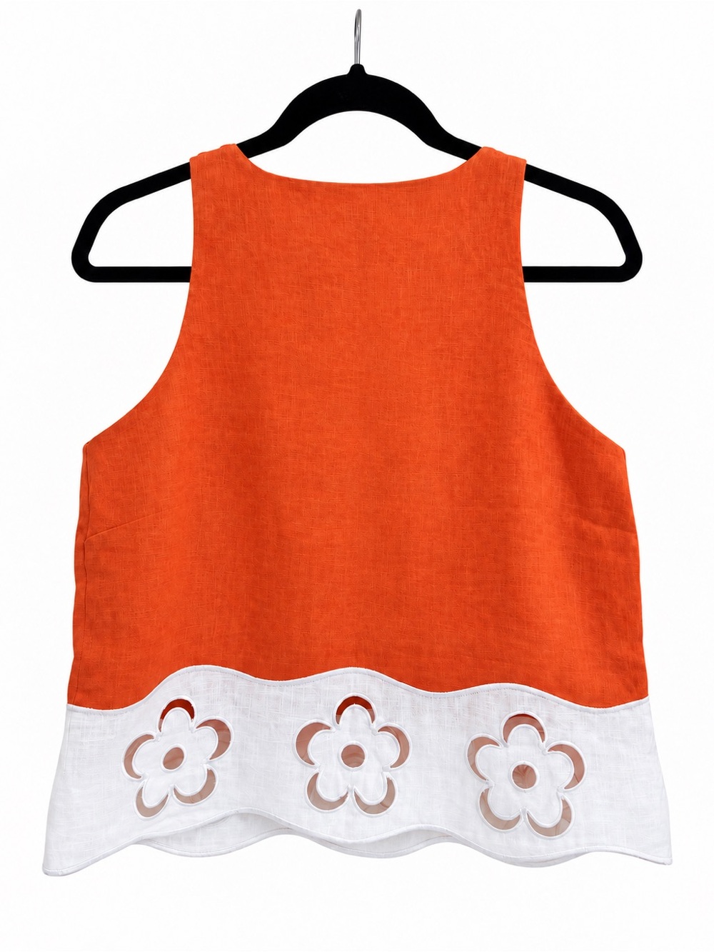 STAUD Orange Linen-Blend Sleeveless Tank with White Floral Cutout Hem - Picture 3 of 3